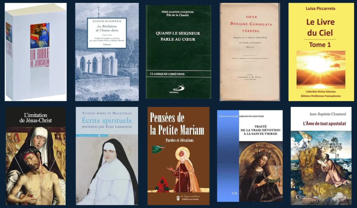 أغلفة كتب من البطاقة: الاقتداء بالمسيح، وأفكار القدّيسة مريم الصغيرة، وكتاب السماء…