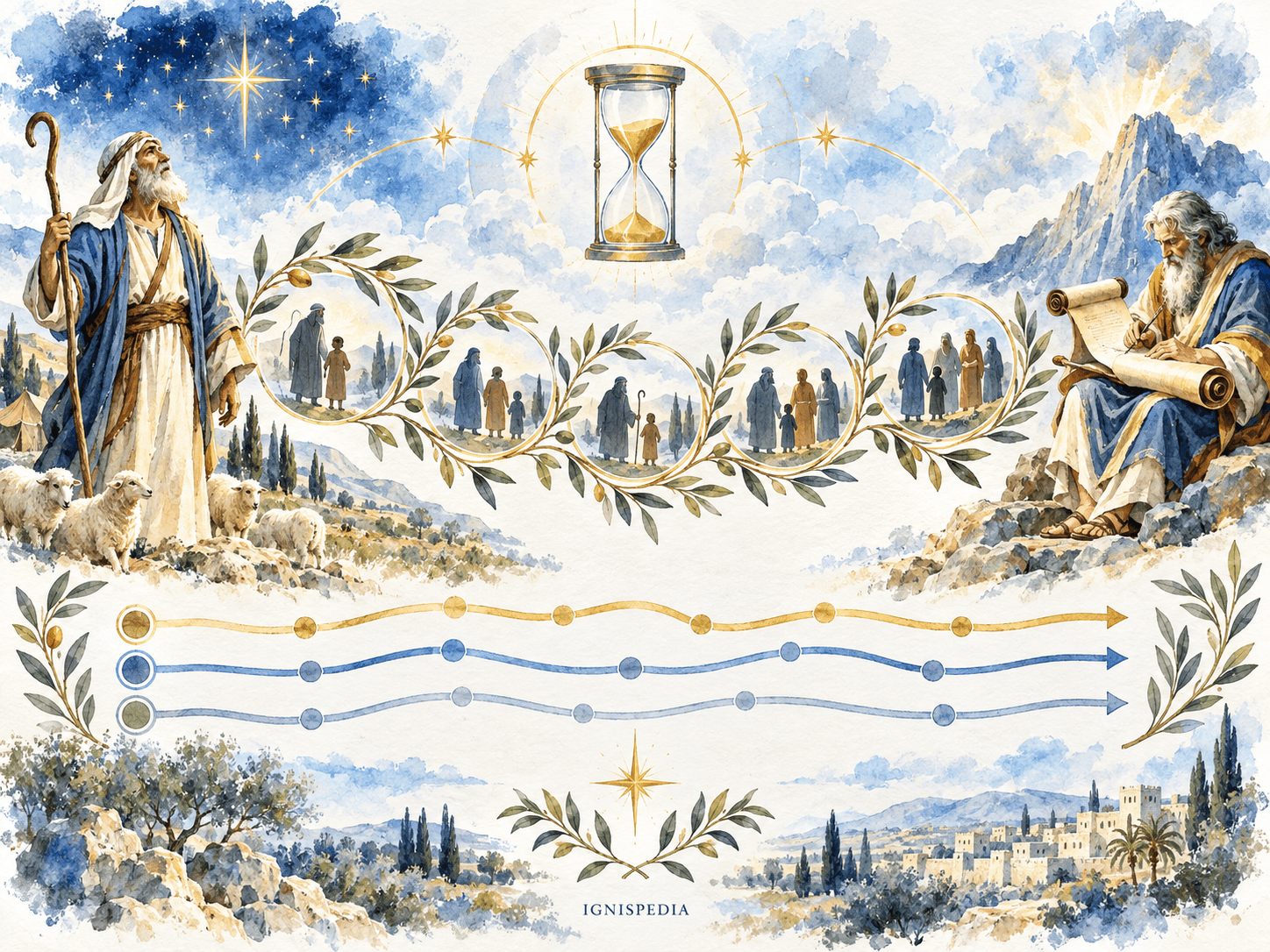 Abraham, générations successives et écriture de la tradition mosaïque, avec trois lignes de chronologie
