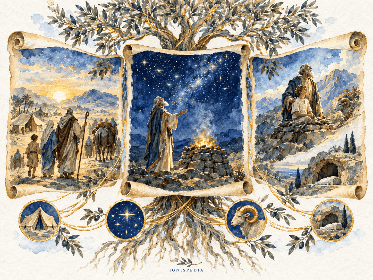 Trois scènes aquarellées du cycle d'Abraham : départ, alliance sous les étoiles et promesse transmise à Isaac