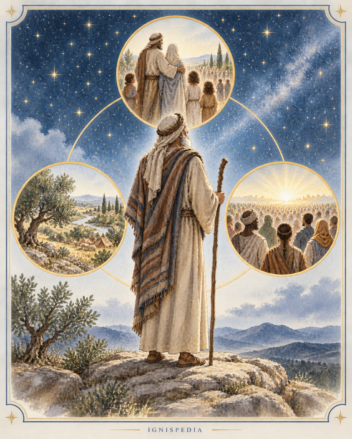 Abraham sous les étoiles, entouré des trois promesses : terre, descendance et bénédiction