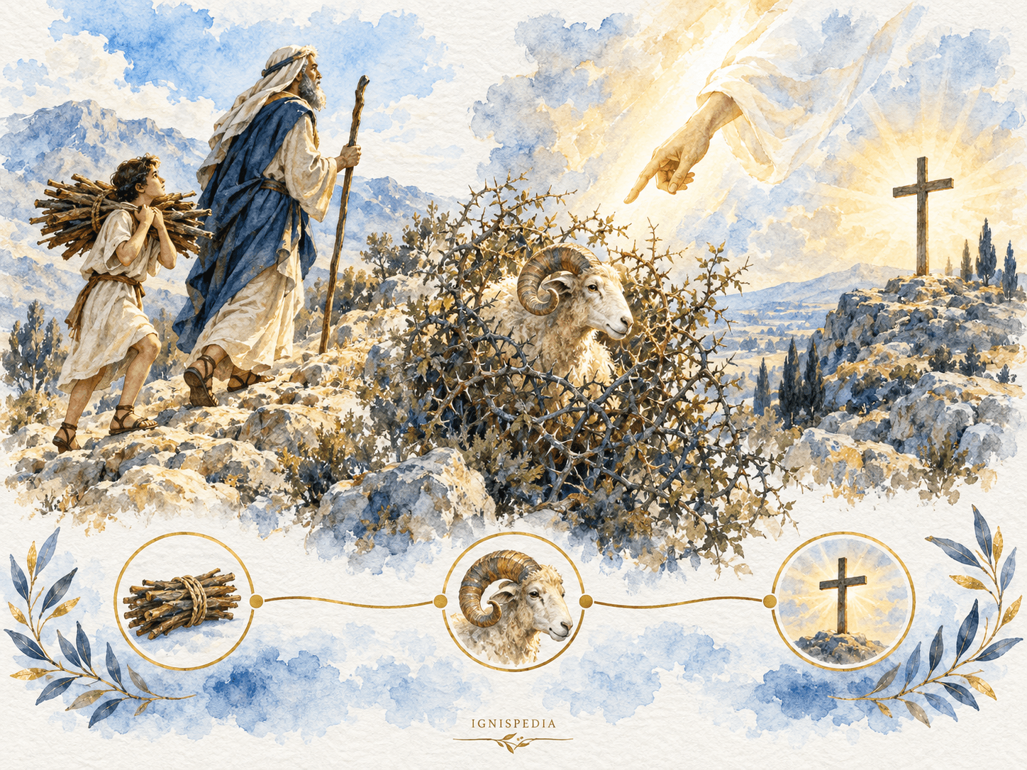Isaac portant le bois vers le mont Moriah, le bélier indiqué par l'ange et la croix préfigurée