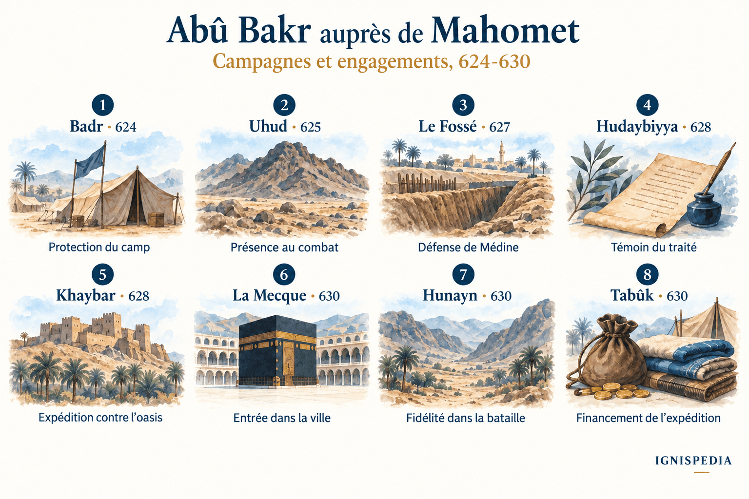 Acht Wegmarken der Feldzüge Mohammeds, mit denen Abû Bakr verbunden wird, von Badr 624 bis Tabûk 630