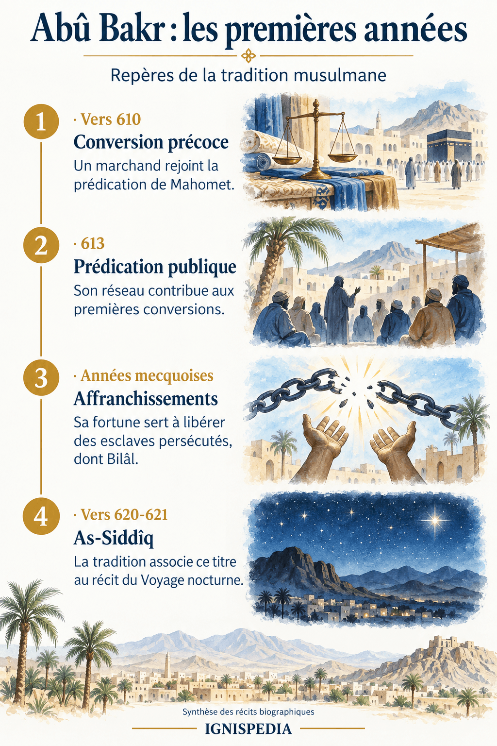 Die frühen Jahre Abû Bakrs der Überlieferung zufolge: Konversion, Predigt, Freikäufe und der Titel as-Siddîq