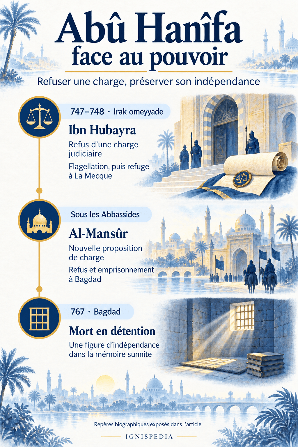 Abû Hanîfa face à Ibn Hubayra puis à al-Mansûr : refus de charges et détention