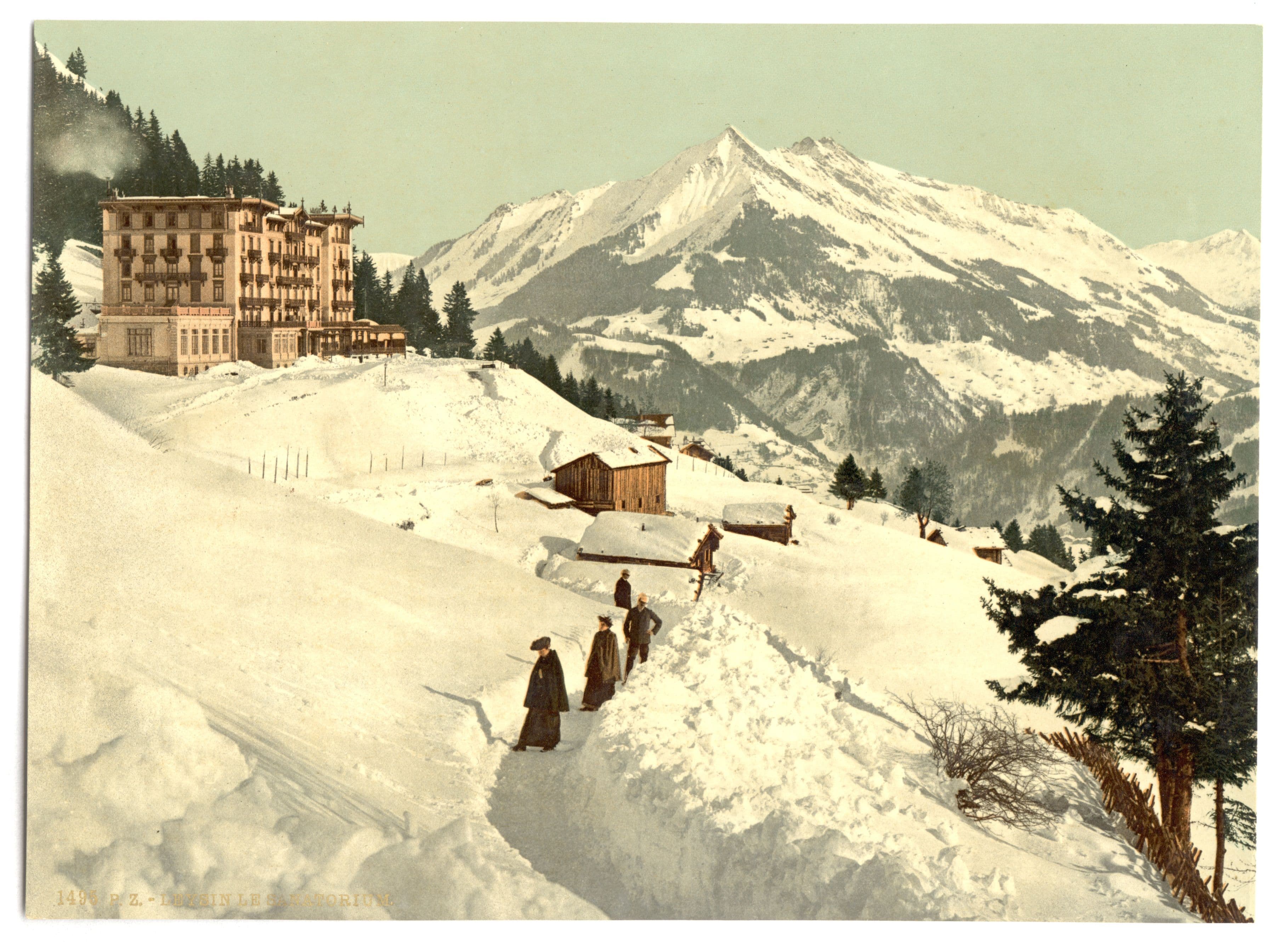 Das Sanatorium von Leysin und die Chaussy im Winter, um 1900