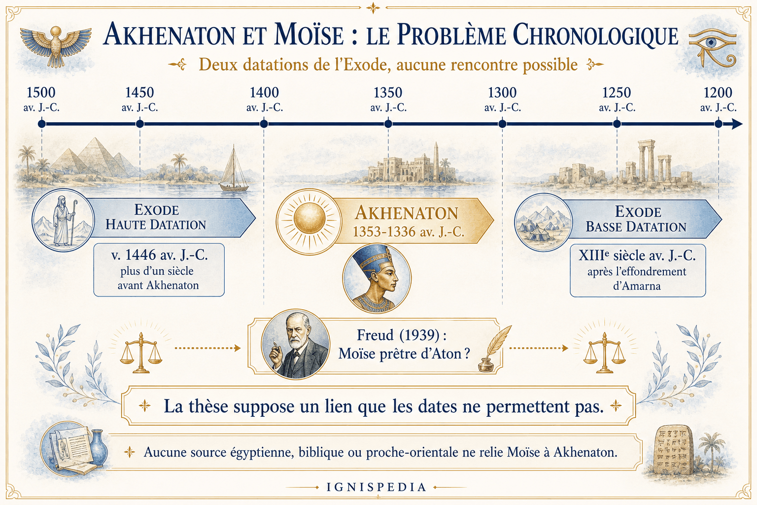Fregio cronologico che confronta il regno di Akhenaton e le due ipotesi di datazione dell'Esodo