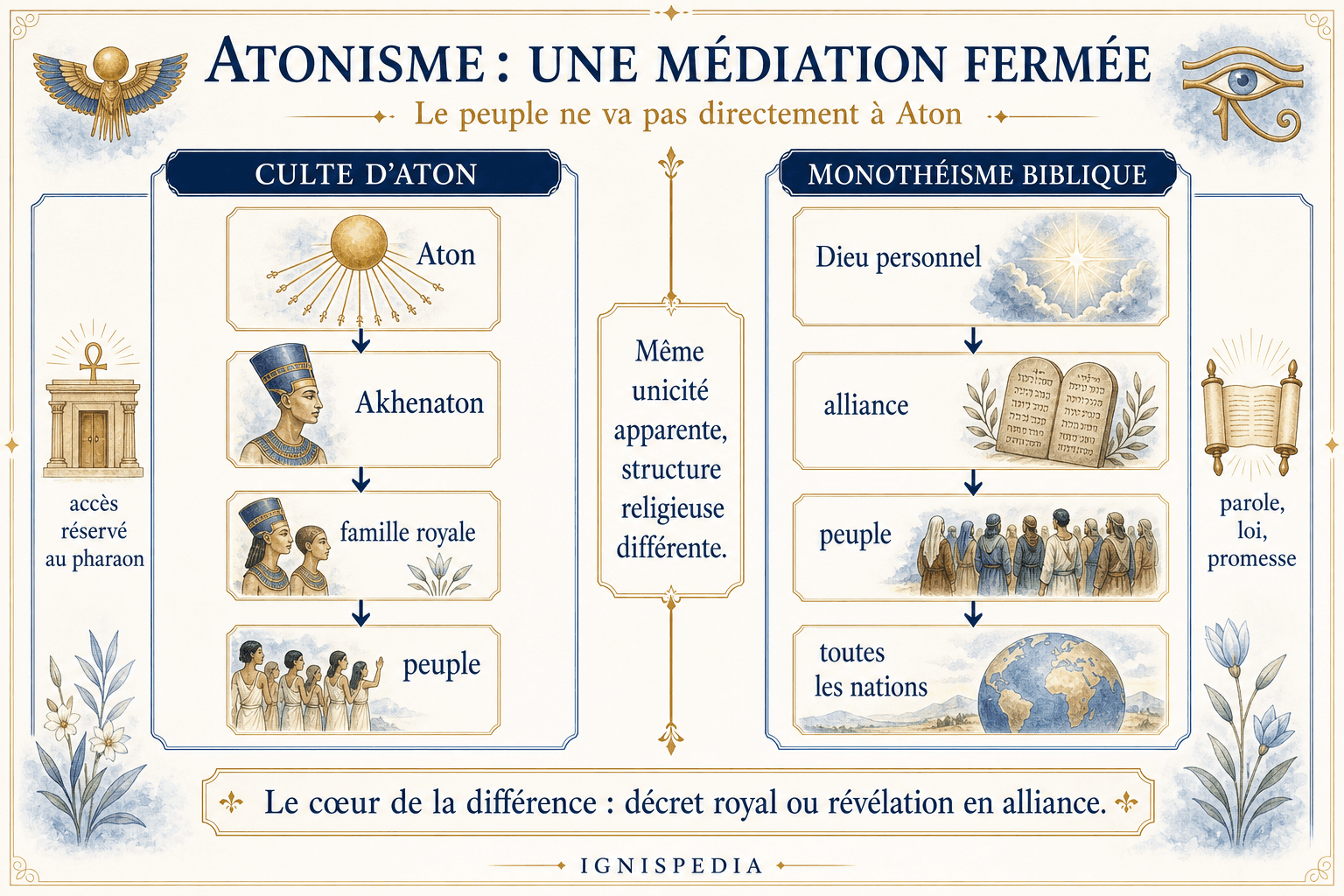 Schema che confronta la mediazione chiusa dell'atonismo e l'alleanza biblica aperta al popolo