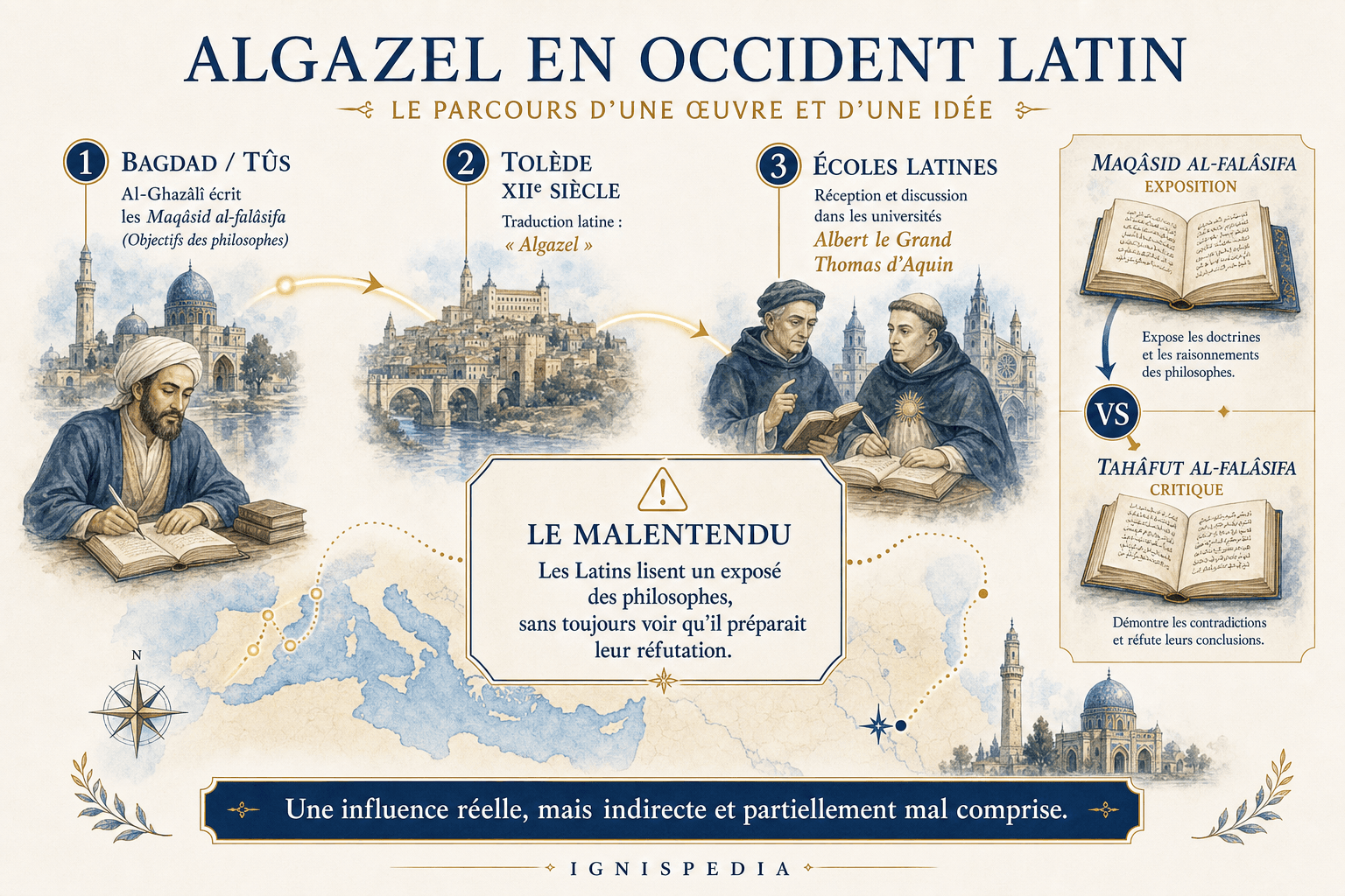 Infographie comparant la nécessité aristotélicienne, l'occasionalisme et les causes secondes dans le débat sur la causalité