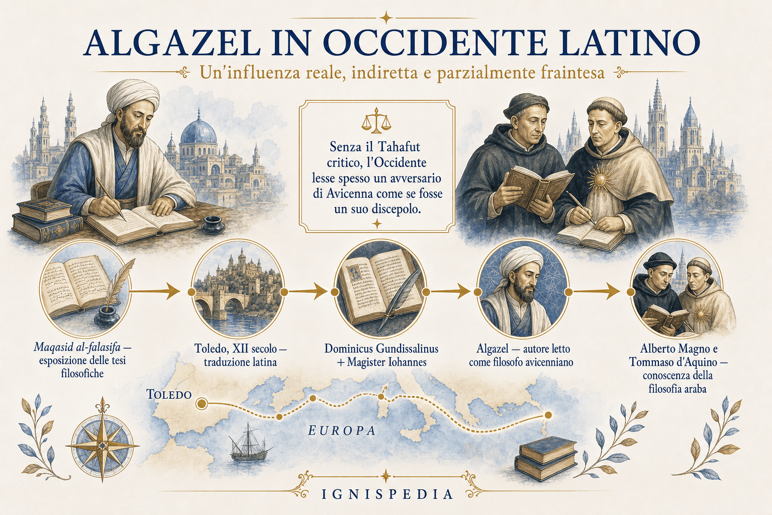 Infografica sulla ricezione di Algazel nell'Occidente latino attraverso Toledo, Alberto Magno e san Tommaso d'Aquino