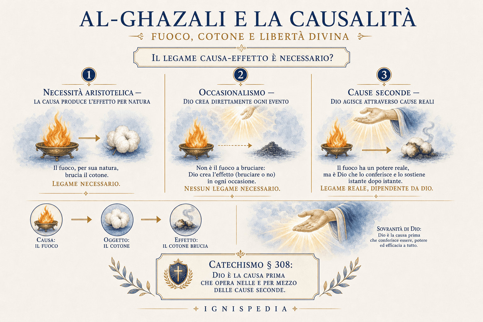 Infografica che confronta occasionalismo e cause seconde nel dibattito sulla causalita aperto da Al-Ghazali