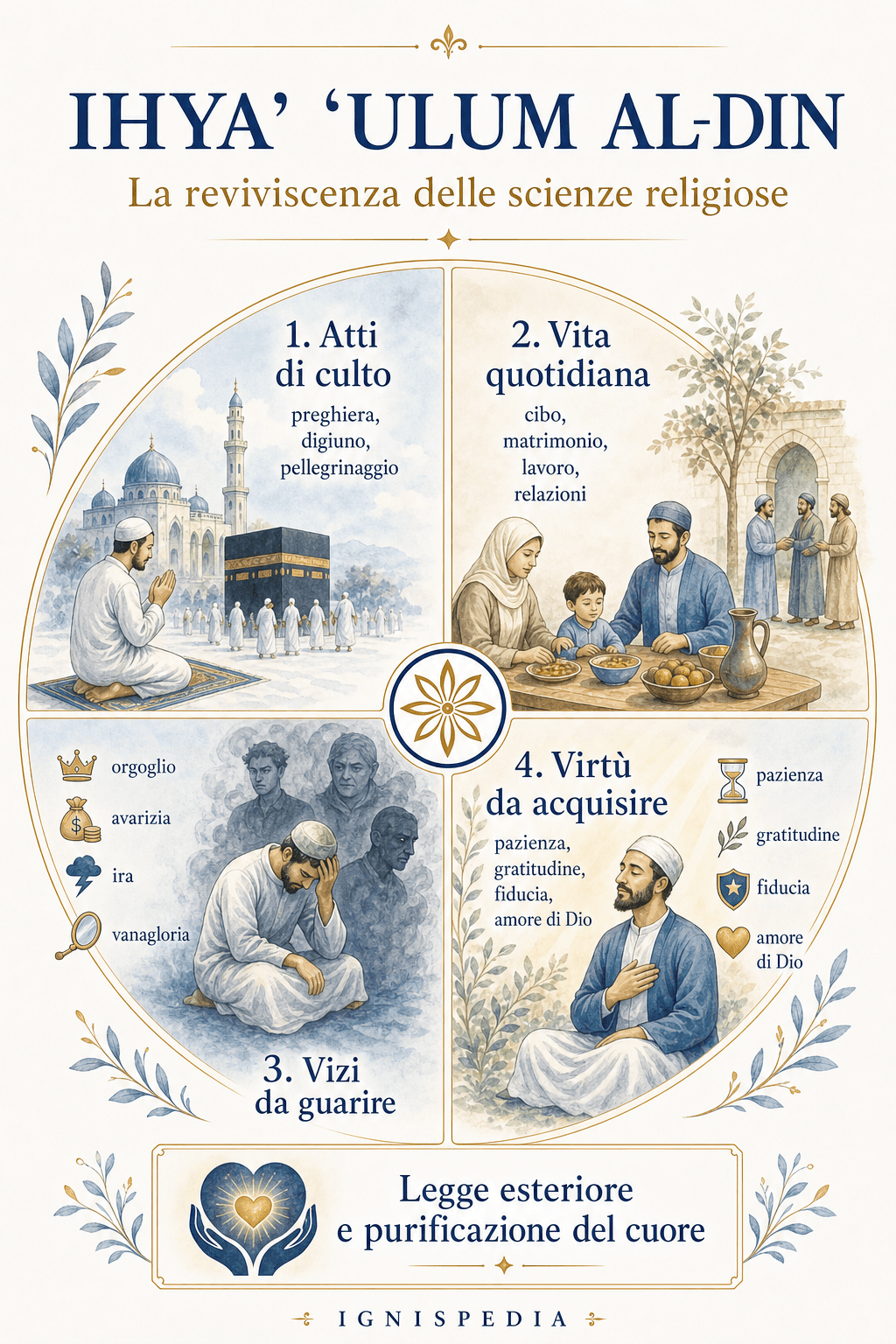 Infografica delle quattro parti dell'Ihya ulum al-din: atti di culto, vita quotidiana, vizi da guarire e virtu da acquisire