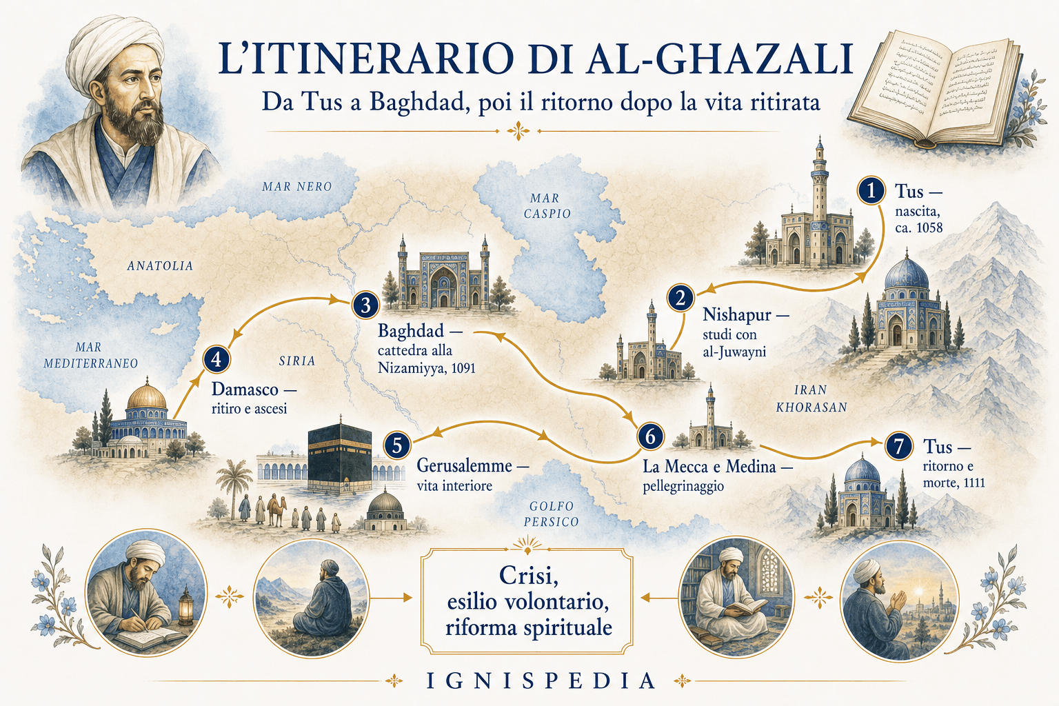 Infografica dell'itinerario di Al-Ghazali tra Tus, Nishapur, Baghdad, Damasco, Gerusalemme, La Mecca e Medina
