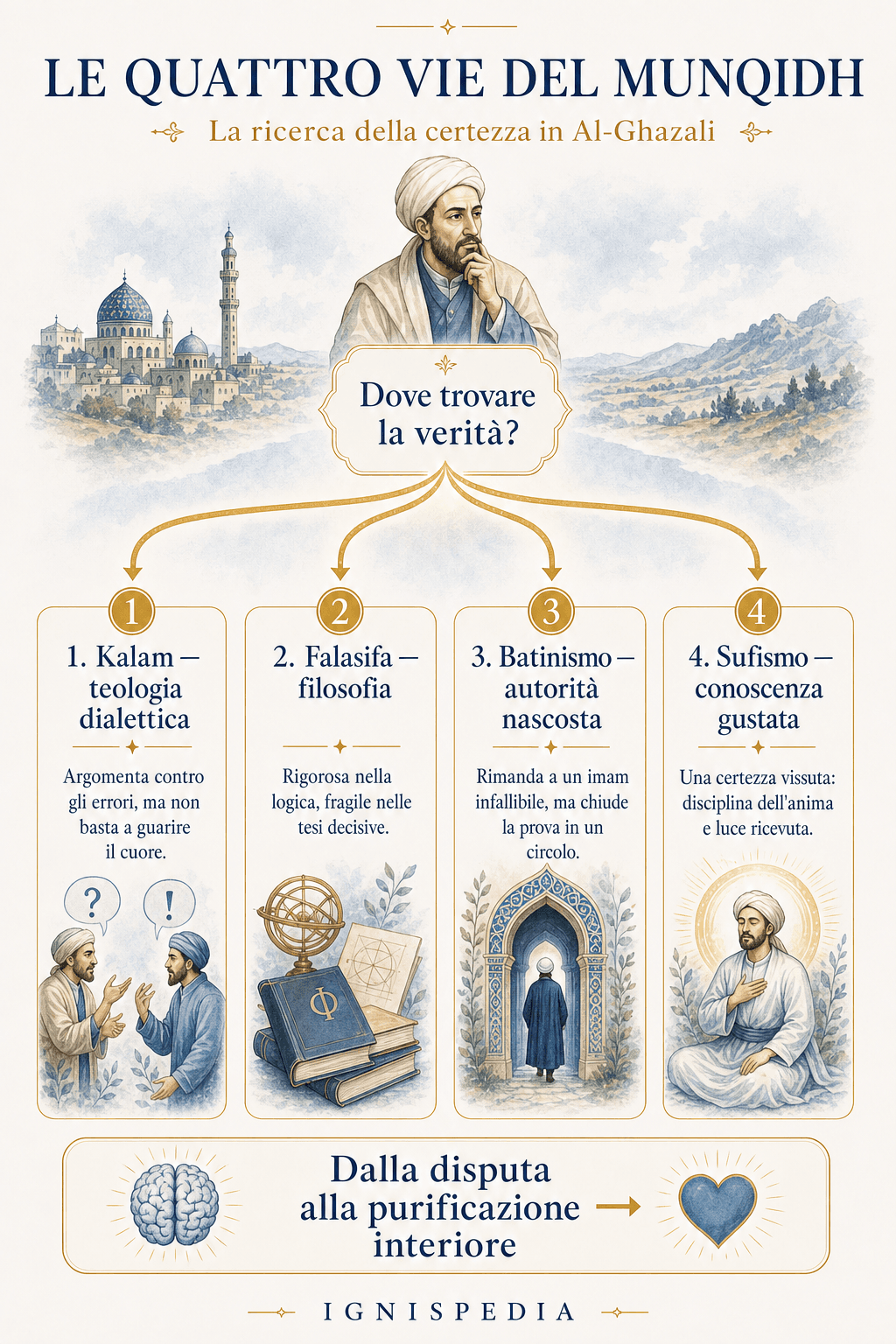 Infografica delle quattro vie esaminate da Al-Ghazali nel Munqidh: kalam, falasifa, batiniti e sufi