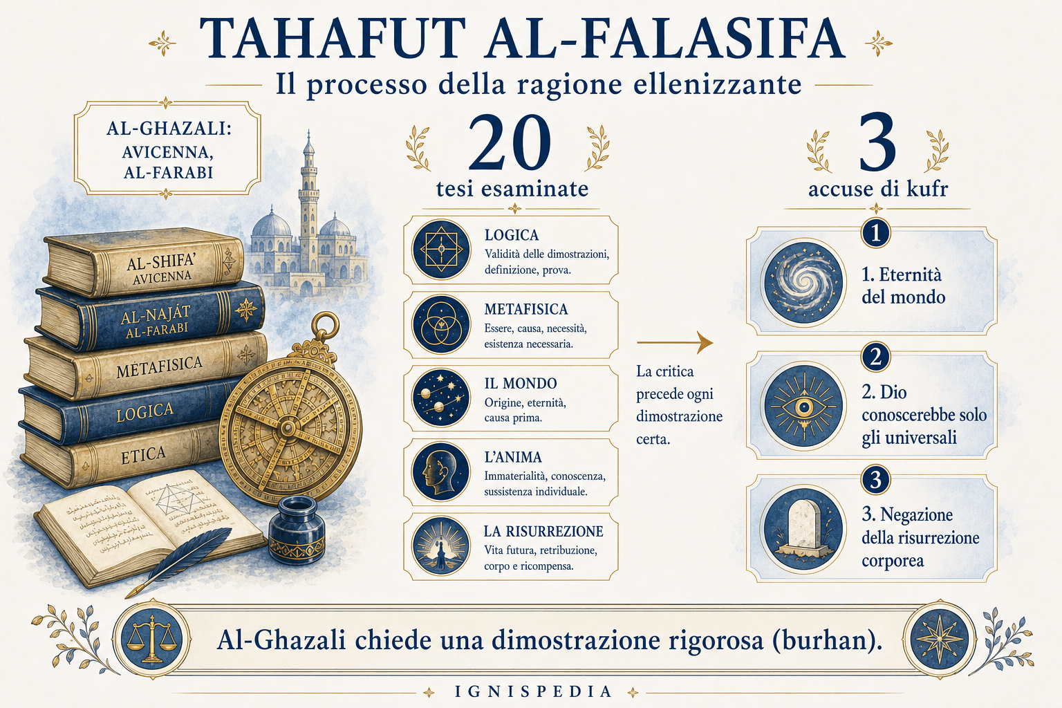 Infografica sul Tahafut al-falasifa: venti tesi esaminate e tre accuse d'incredulita