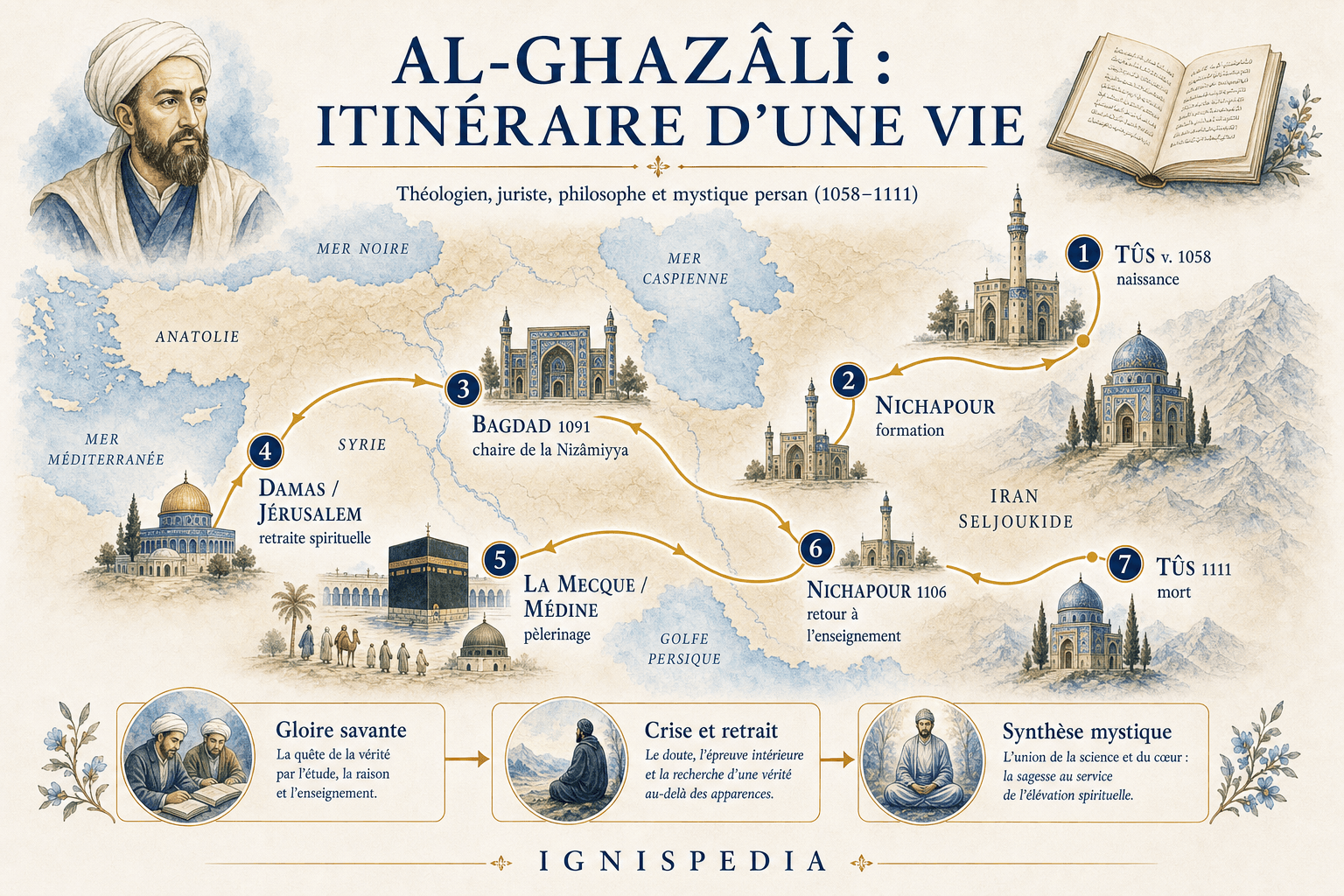 Infographie de l'itinéraire d'Al-Ghazâlî entre Tûs, Nichapour, Bagdad, Damas, Jérusalem, La Mecque et Médine