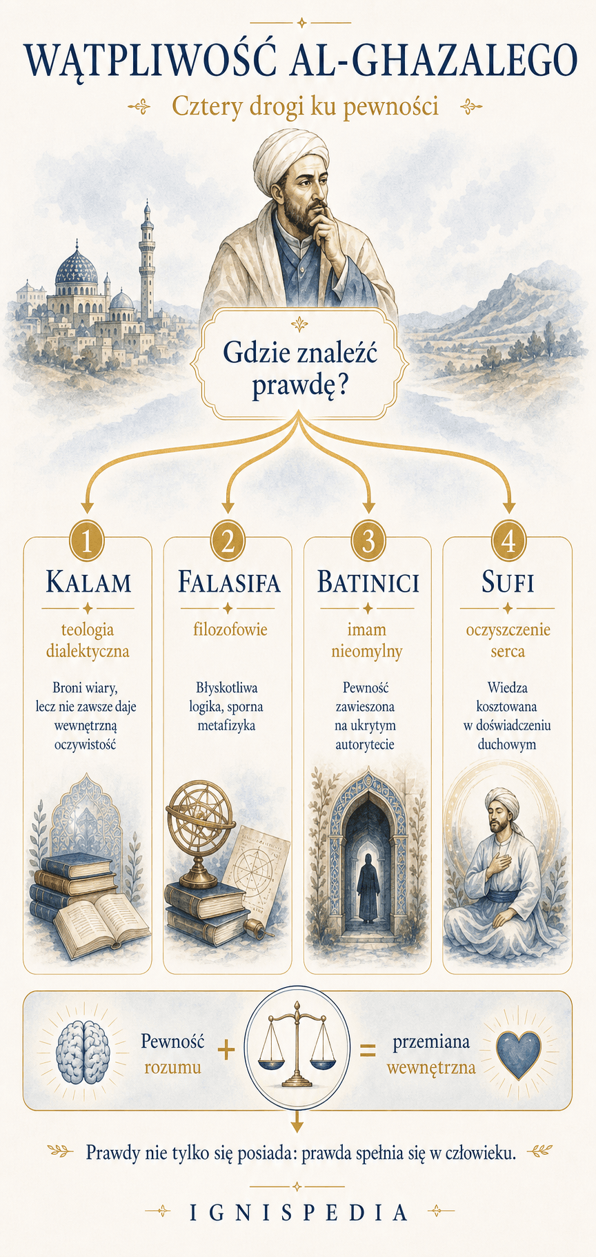 Infografika czterech dróg badanych przez Al-Ghazalego w Munqidh: kalam, falasifa, batinici i sufi