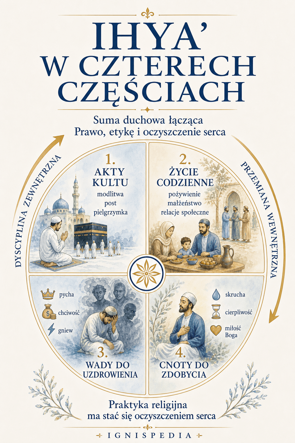 Infografika czterech części Ihya ulum al-din: akty kultu, życie codzienne, wady do uzdrowienia i cnoty do zdobycia