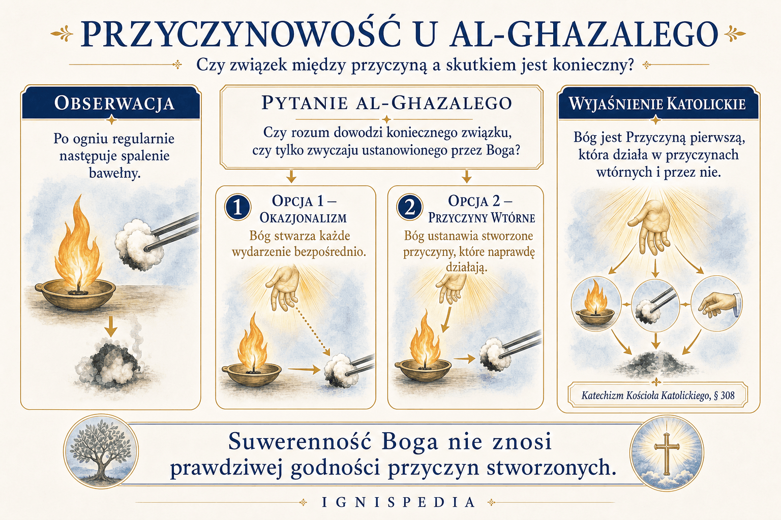 Infografika porównująca okazjonalizm i przyczyny wtórne w debacie o przyczynowości otwartej przez Al-Ghazalego