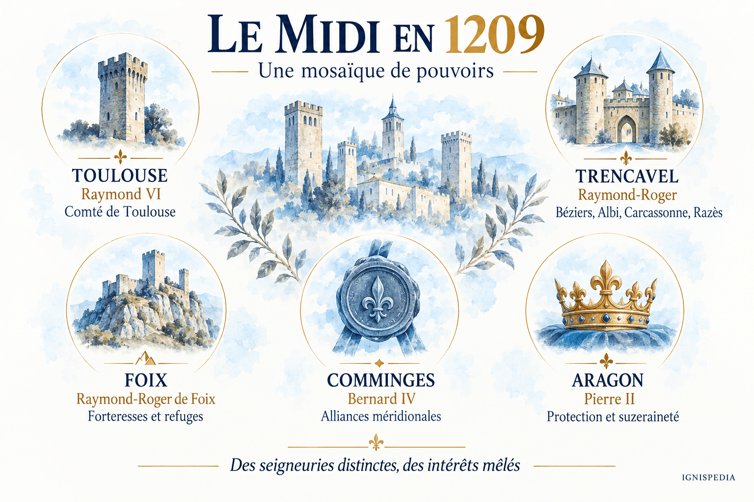 The five powers of the South in 1209: Toulouse, Trencavel, Foix, Comminges and Aragon