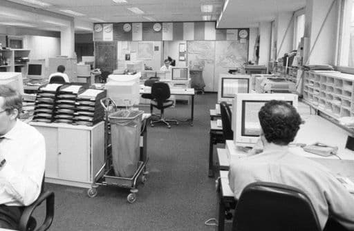Sala de redacción de Radio Free Europe y Radio Liberty en Múnich en 1994