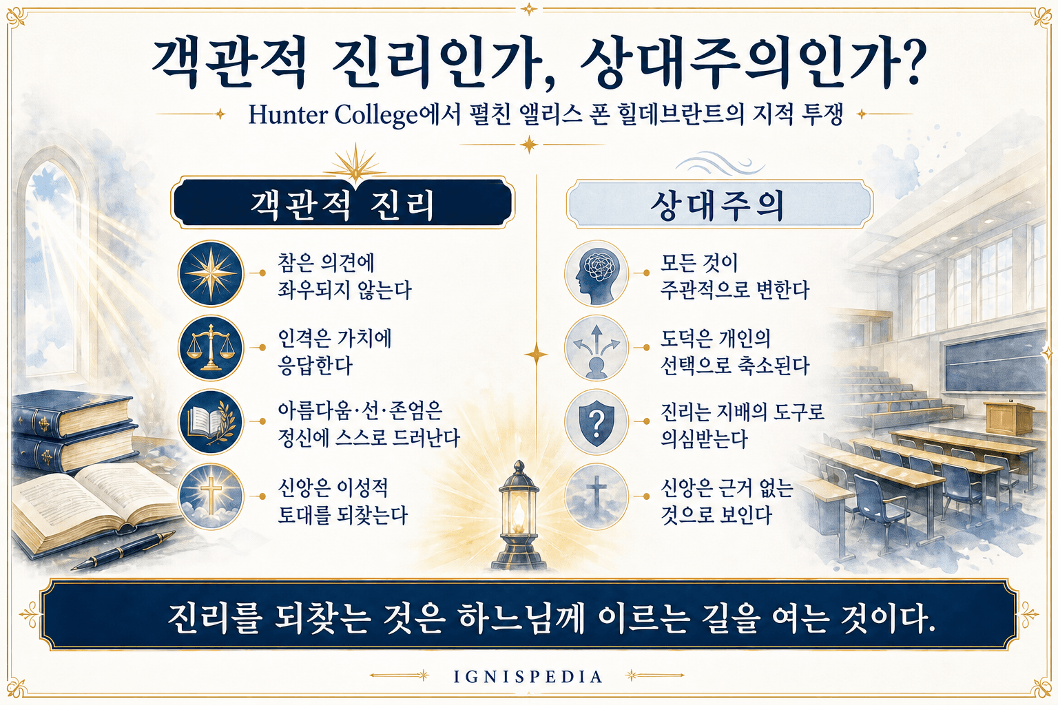 앨리스 폰 힐데브란트가 옹호한 객관적 진리와 대학의 상대주의를 비교하는 한국어 인포그래픽