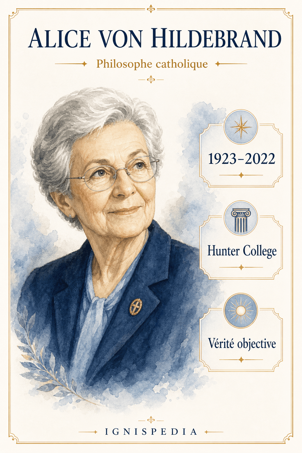 Portrait aquarelle d'Alice von Hildebrand, philosophe catholique, avec repères biographiques