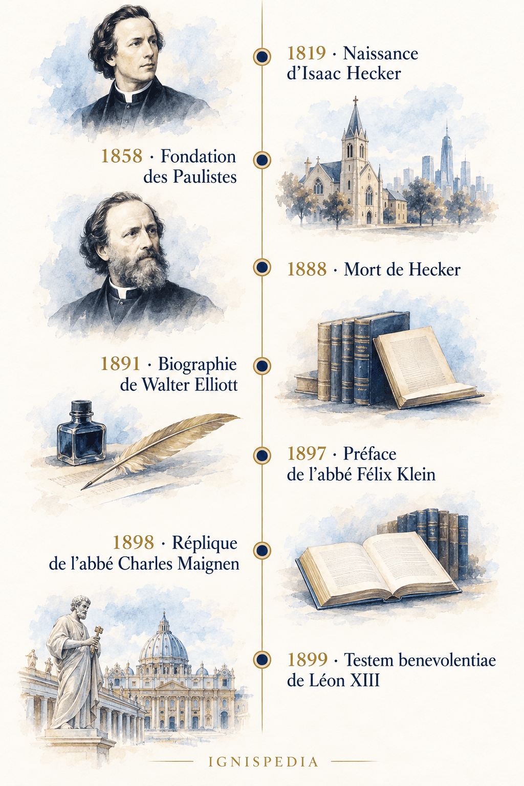 Sept étapes de l'affaire, de la naissance d'Isaac Hecker en 1819 à la lettre de Léon XIII en 1899