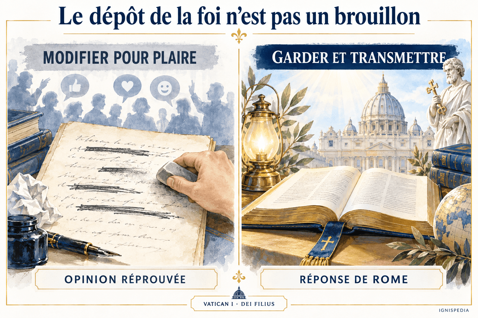 Contraste entre modifier le dogme pour plaire et garder puis transmettre le dépôt de la foi