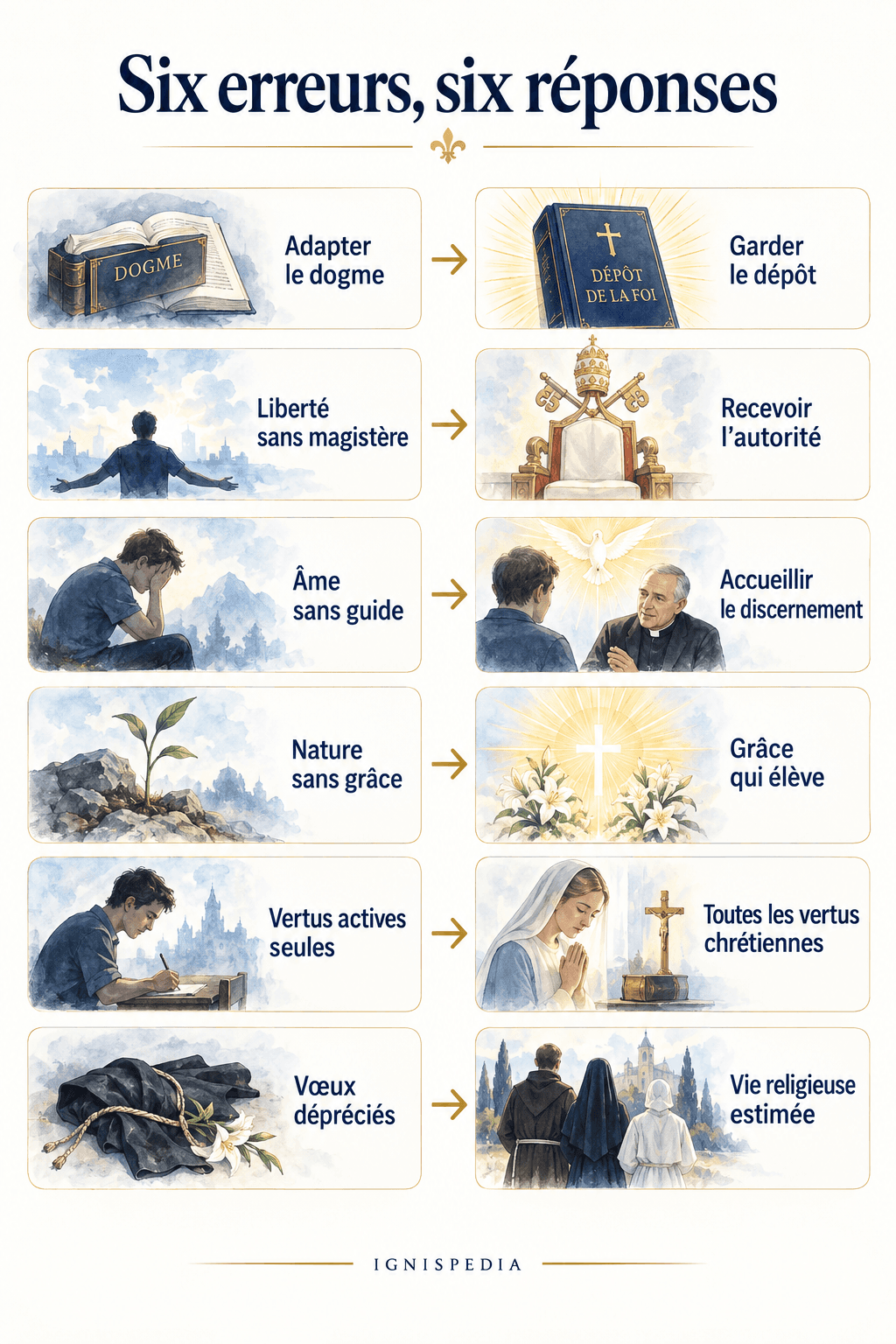 Six opinions réprouvées par Léon XIII, chacune mise en regard de la réponse catholique