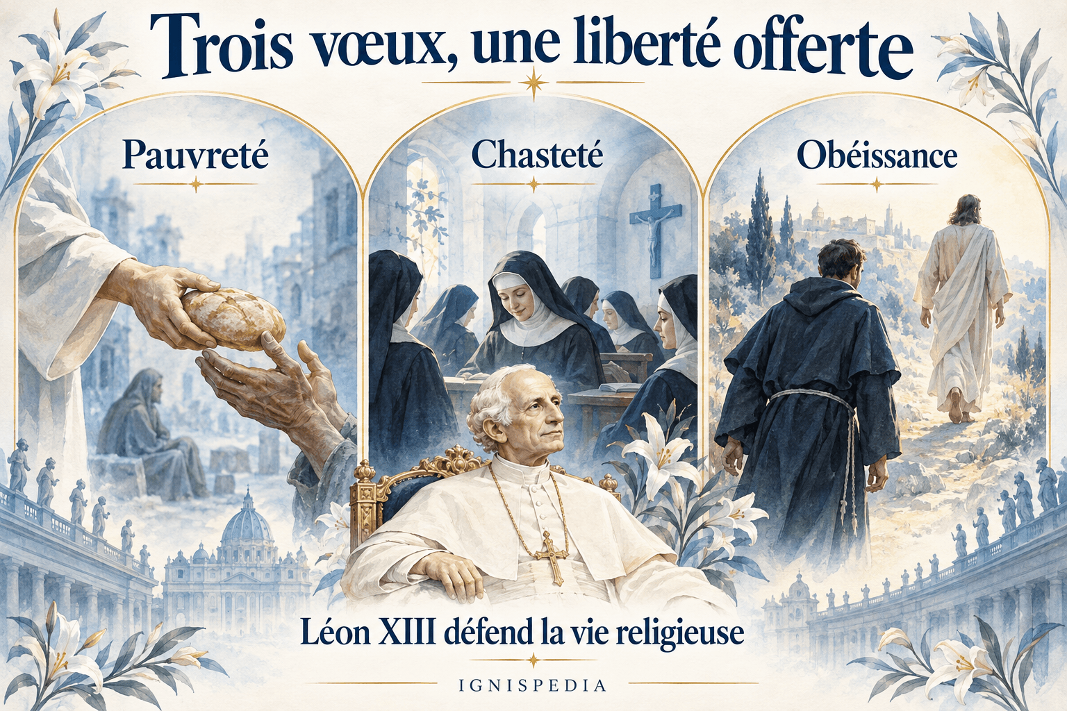 Les trois vœux religieux de pauvreté, chasteté et obéissance, défendus par Léon XIII