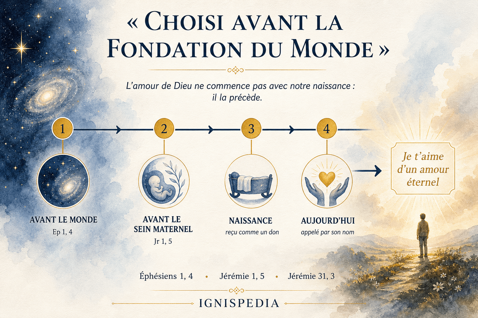 Infografica sull'amore eterno di Dio per ogni anima prima della fondazione del mondo