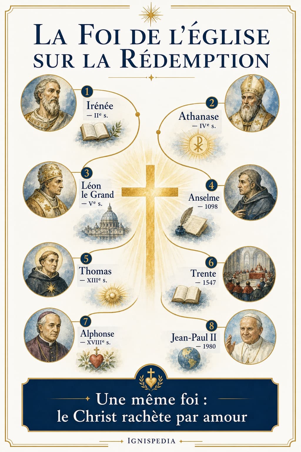 Infographie Ignispedia — frise doctrinale de saint Athanase à saint Jean-Paul II sur la Rédemption