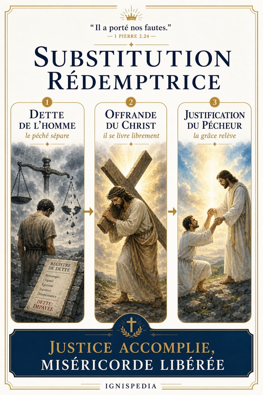 Infographie Ignispedia — la substitution rédemptrice : dette, offrande du Christ, retour au Père