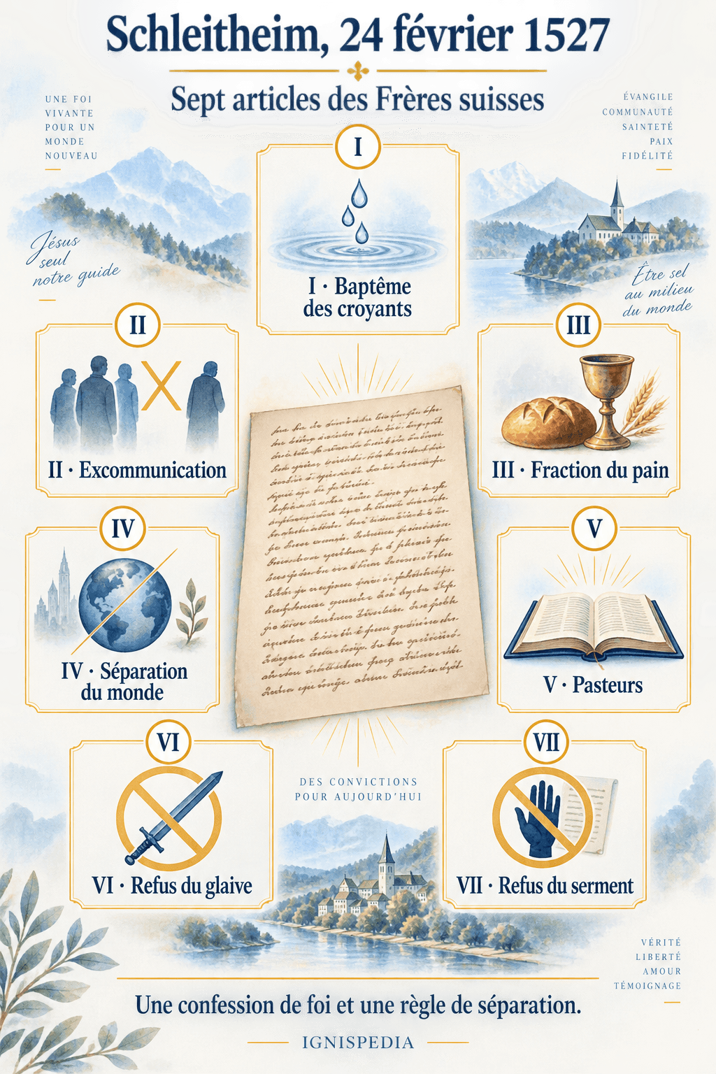 Infographie présentant les sept articles de la Confession de Schleitheim de 1527