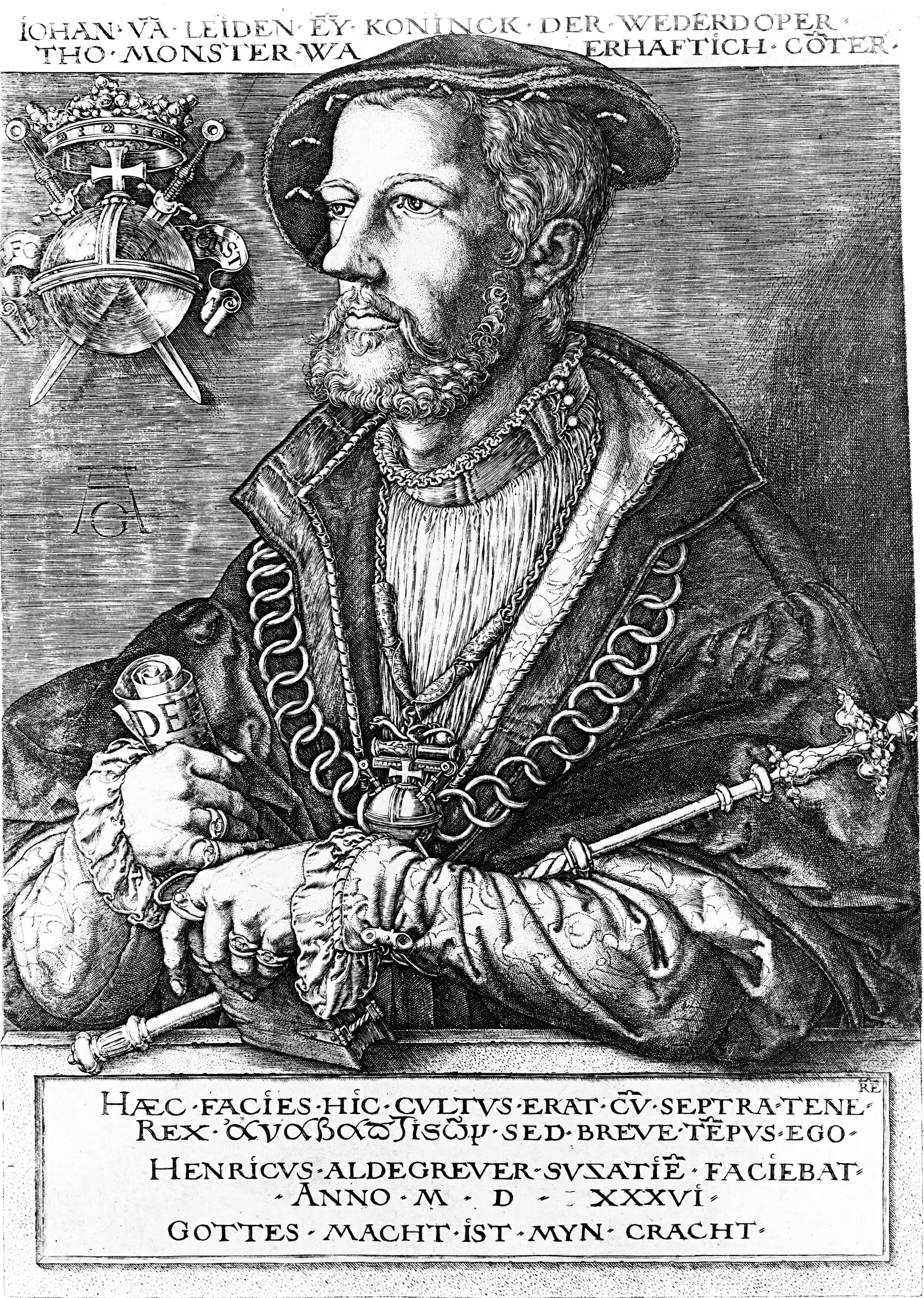 Giovanni di Leida, incisione di Heinrich Aldegrever eseguita in prigione nel 1536