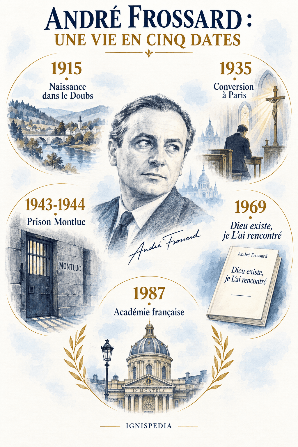 Cinq repères de la vie d'André Frossard entre 1915 et son élection à l'Académie française en 1987