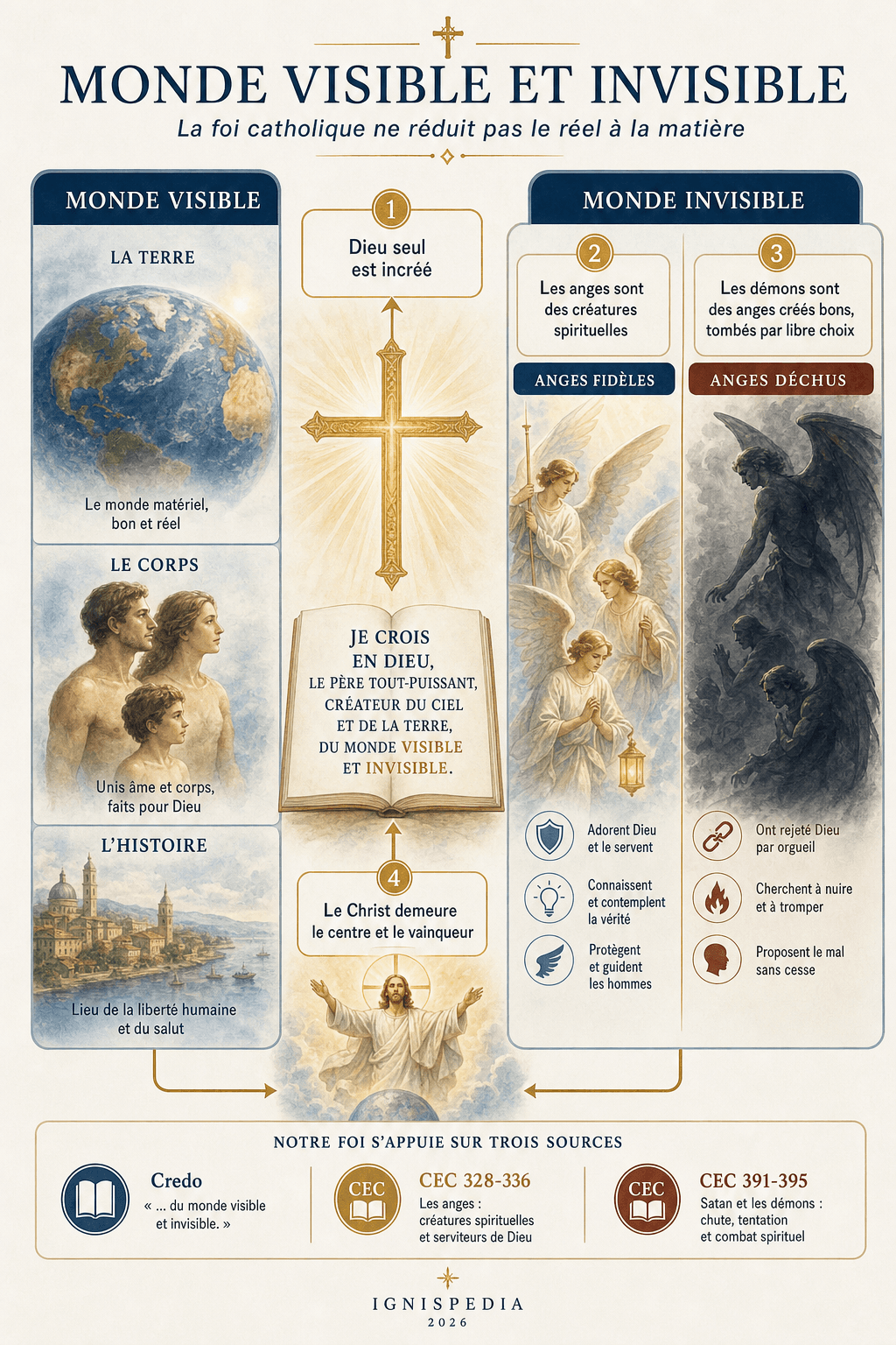 Carte doctrinale du monde visible et invisible dans la foi catholique, avec anges fidèles et anges déchus