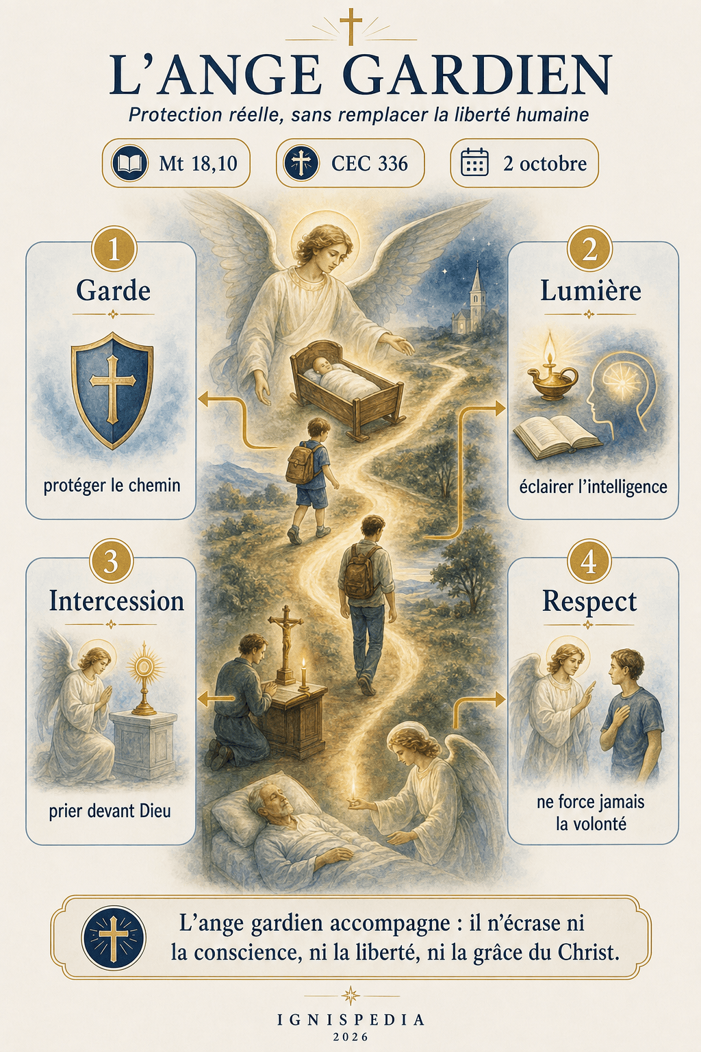 Schéma doctrinal de l'ange gardien : garde, lumière, intercession et respect de la liberté humaine
