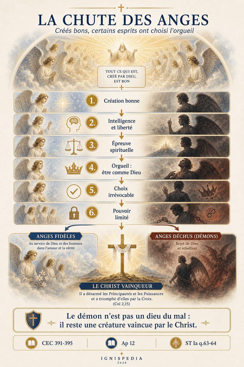 Schéma de la chute des anges : création bonne, liberté, orgueil, choix irrévocable et victoire du Christ