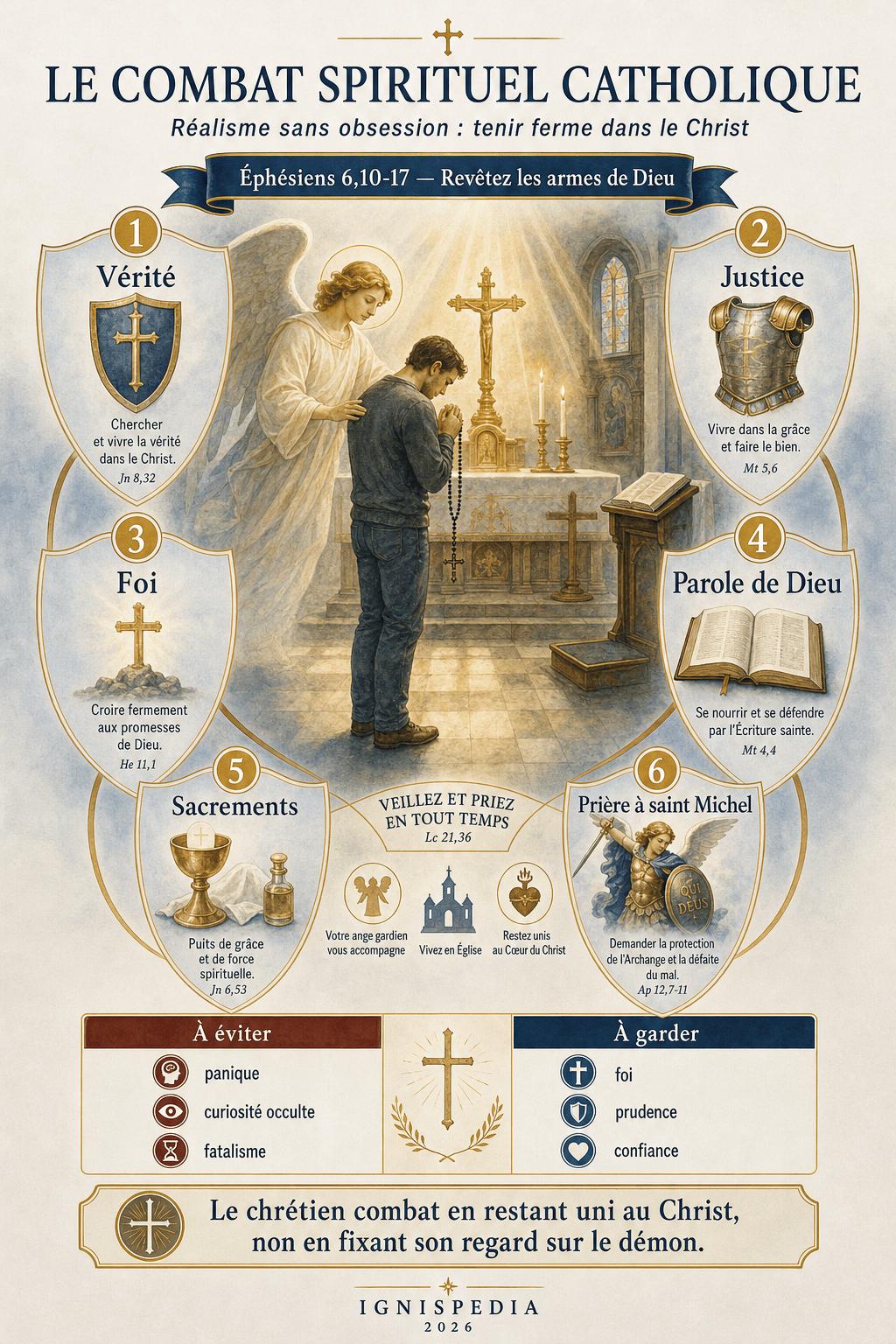Carte pratique du combat spirituel catholique selon Éphésiens 6 : vérité, justice, foi, Parole de Dieu, sacrements et prière