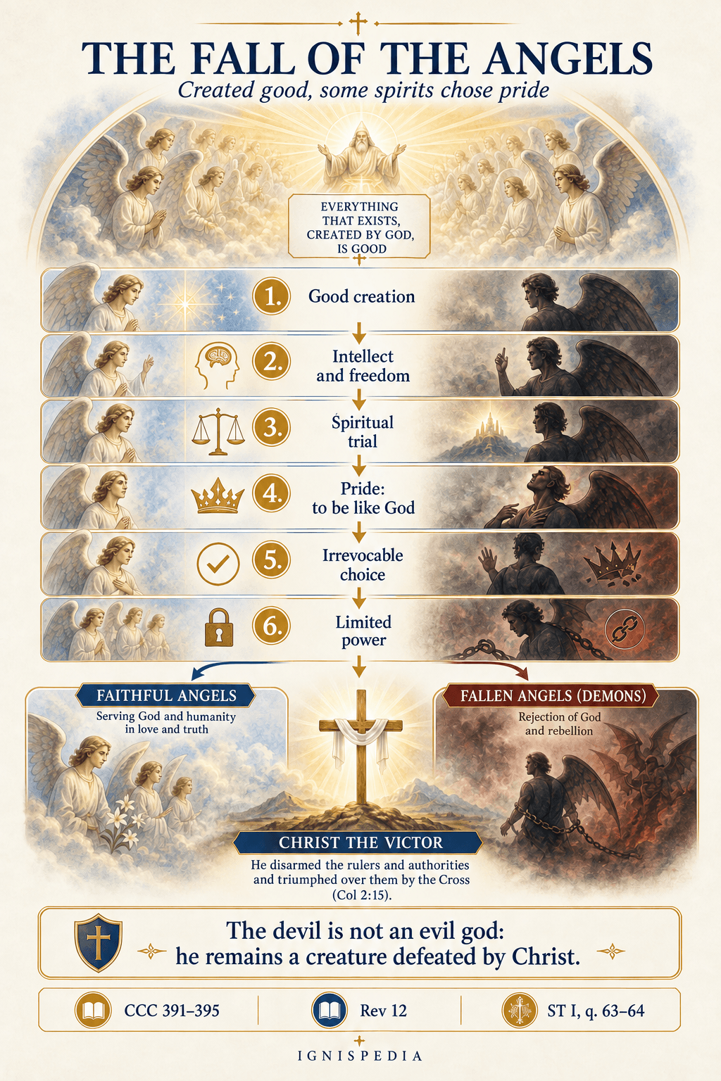 Diagram of the fall of the angels: good creation, freedom, pride, irrevocable choice and the victory of Christ
