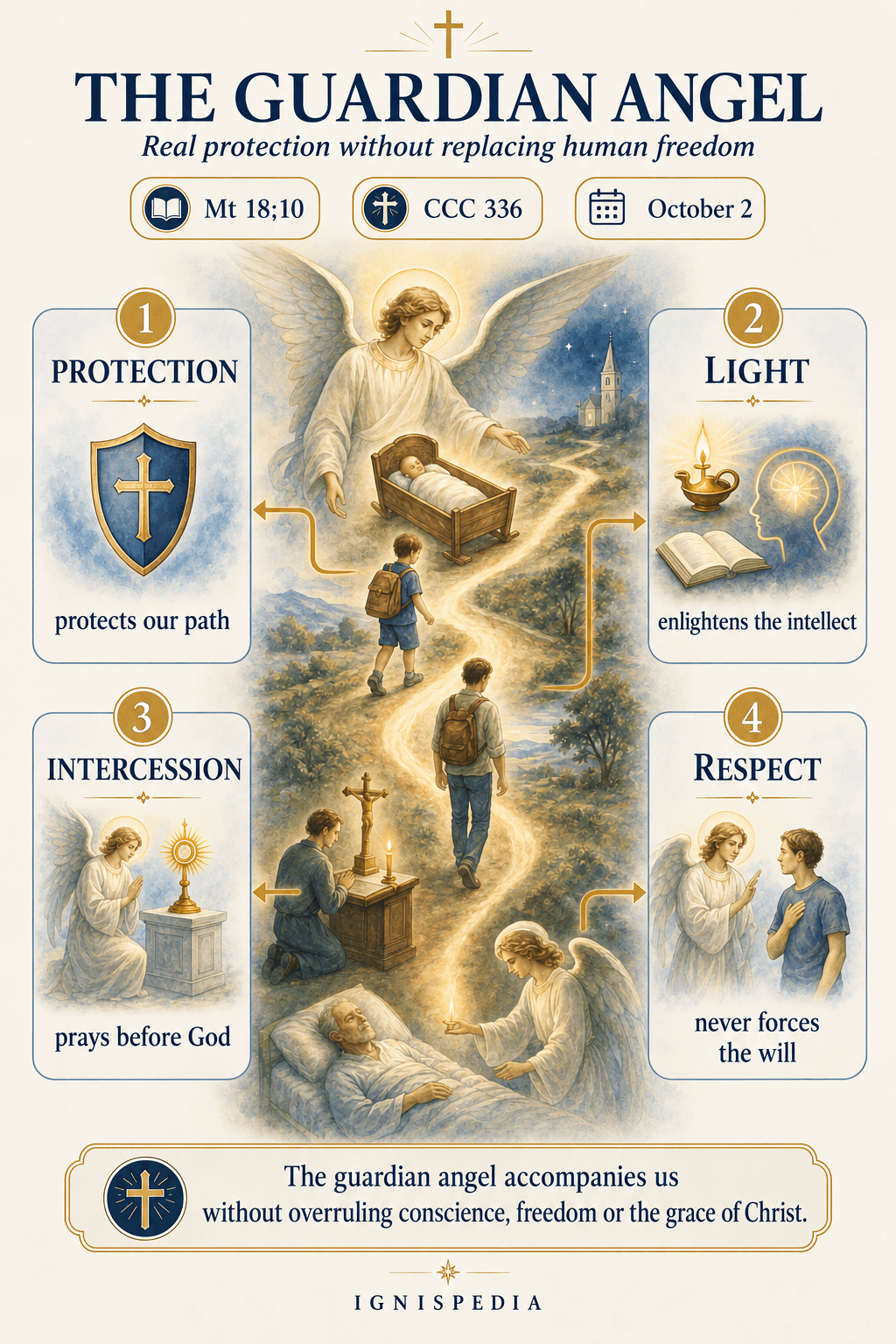 Doctrinal diagram of the guardian angel: protection, enlightenment, intercession and respect for human freedom