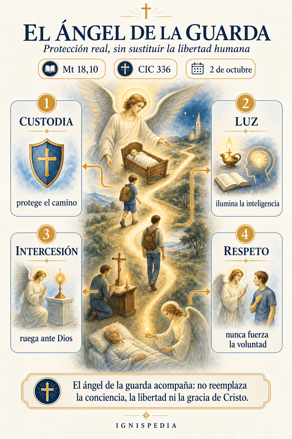 Esquema doctrinal del ángel de la guarda: custodia, luz, intercesión y respeto de la libertad humana
