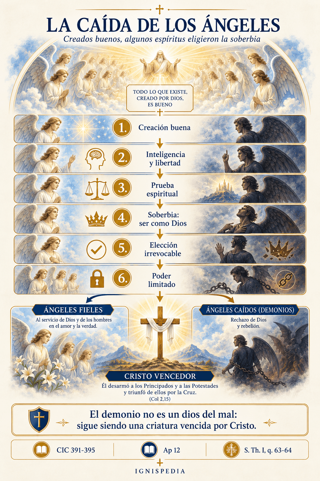 Esquema de la caída de los ángeles: creación buena, libertad, soberbia, elección irrevocable y victoria de Cristo