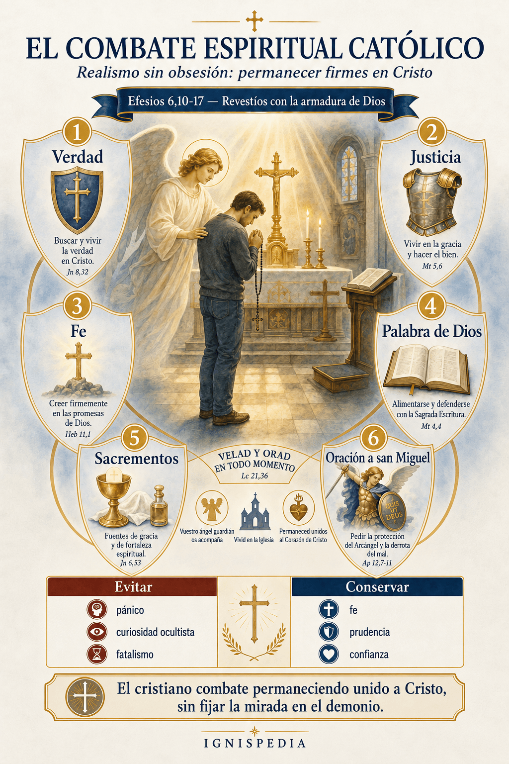 Mapa práctico del combate espiritual católico según Efesios 6: verdad, justicia, fe, Palabra de Dios, sacramentos y oración