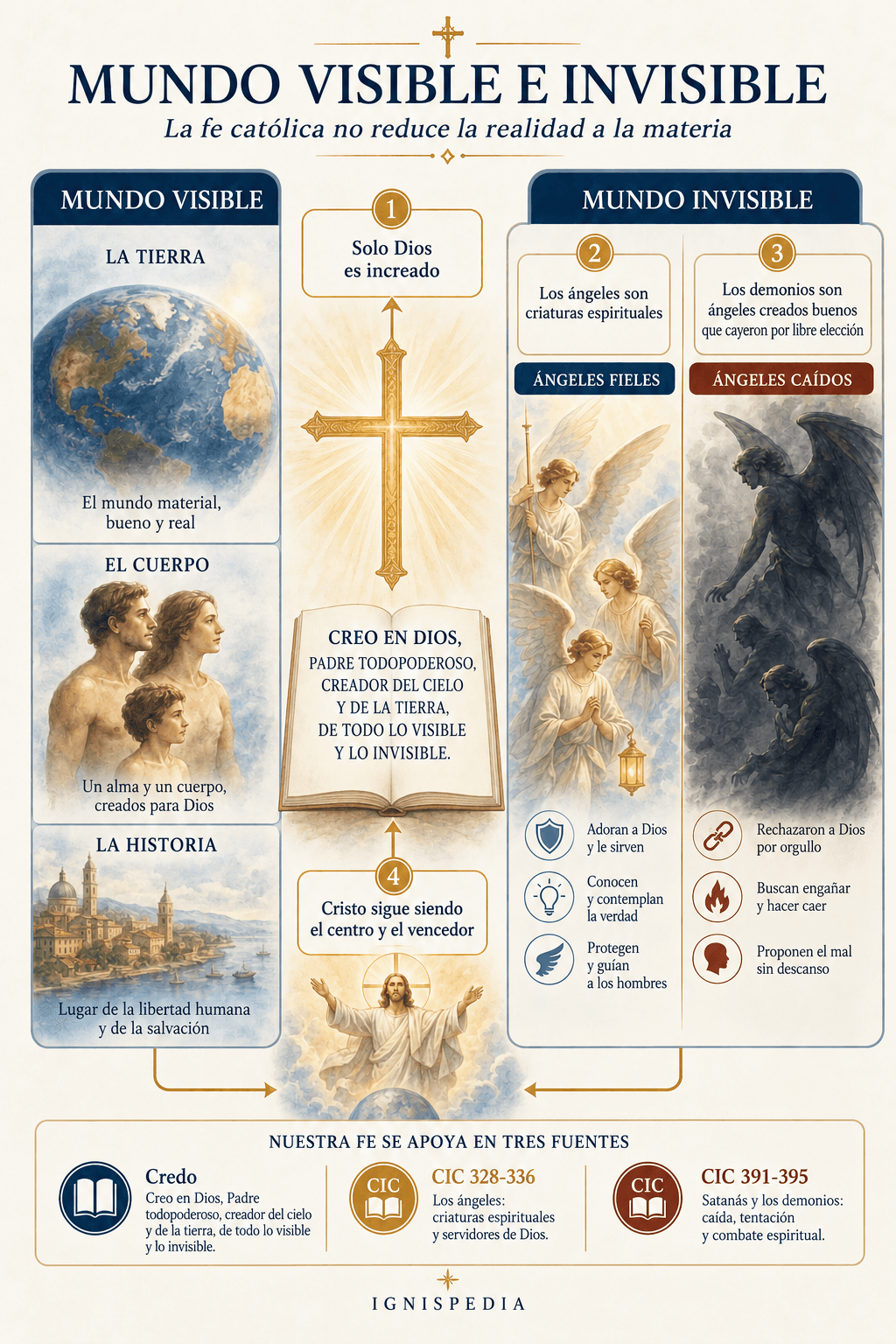 Mapa doctrinal del mundo visible e invisible en la fe católica, con ángeles fieles y ángeles caídos