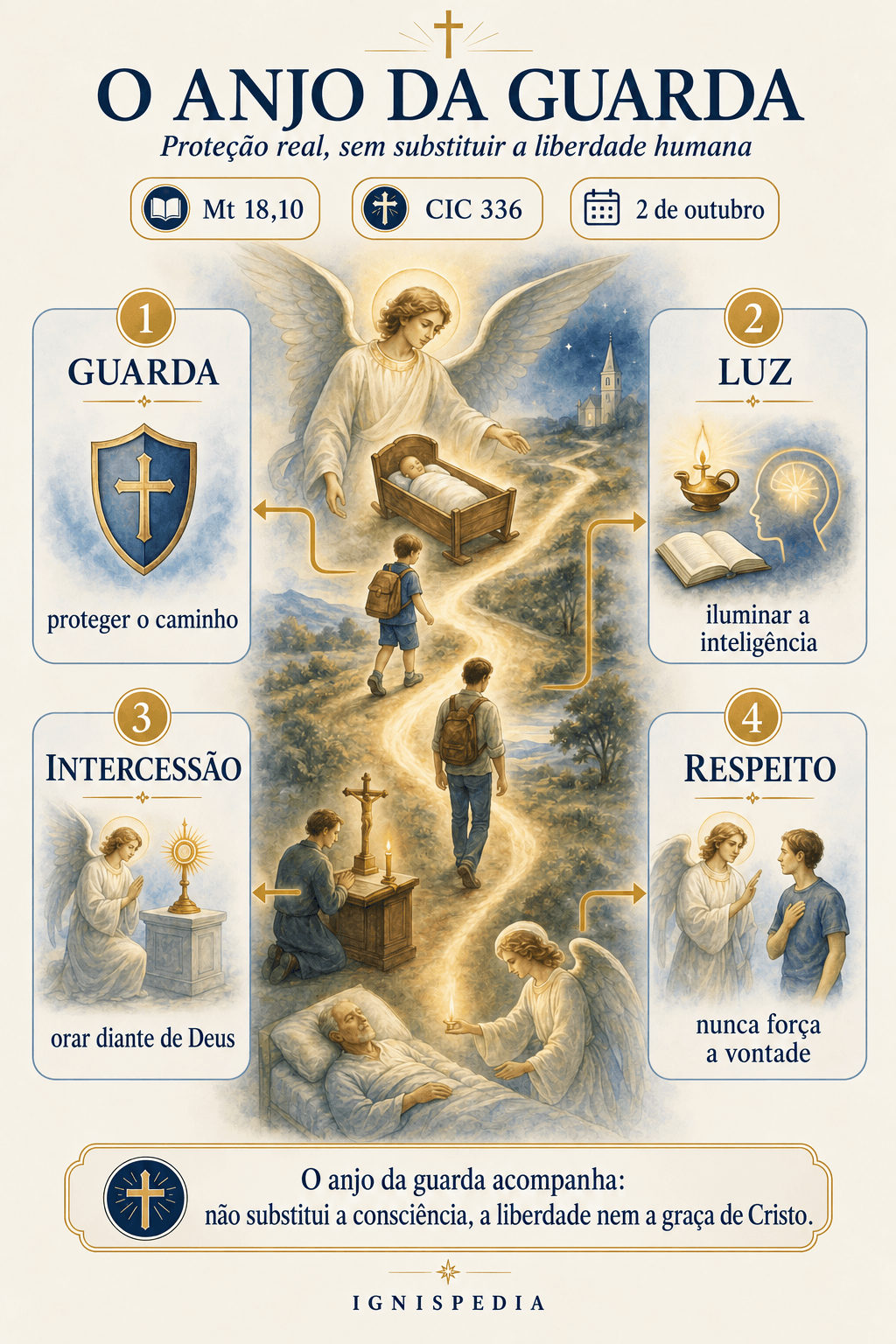 Esquema doutrinal do anjo da guarda: proteção, luz, intercessão e respeito pela liberdade humana