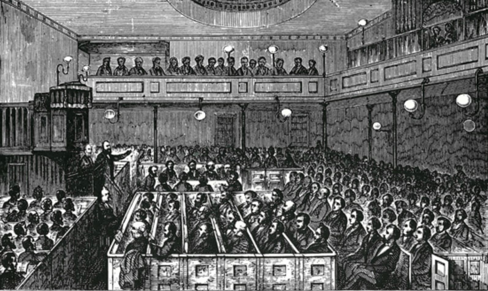 Servicio del centenario en la capilla unitaria de Essex Street en Londres en 1874
