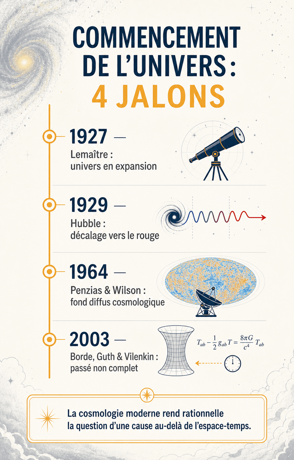 Frise des quatre jalons cosmologiques : Lemaître 1927, Hubble 1929, Penzias-Wilson 1964-1965, Borde-Guth-Vilenkin 2003.