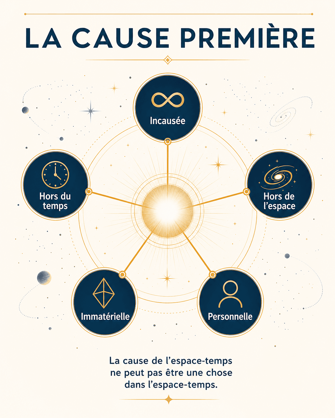 Infographie des attributs de l'origine transcendante : incausée, hors du temps, hors de l'espace, immatérielle et personnelle.